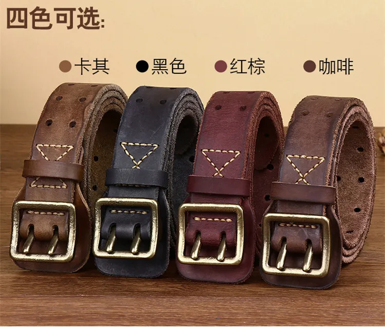 Men 2 Pin Buckle Top Real Full Grain Genuine Leather Belt 38 mm Double Needle Casual Jeans Belt