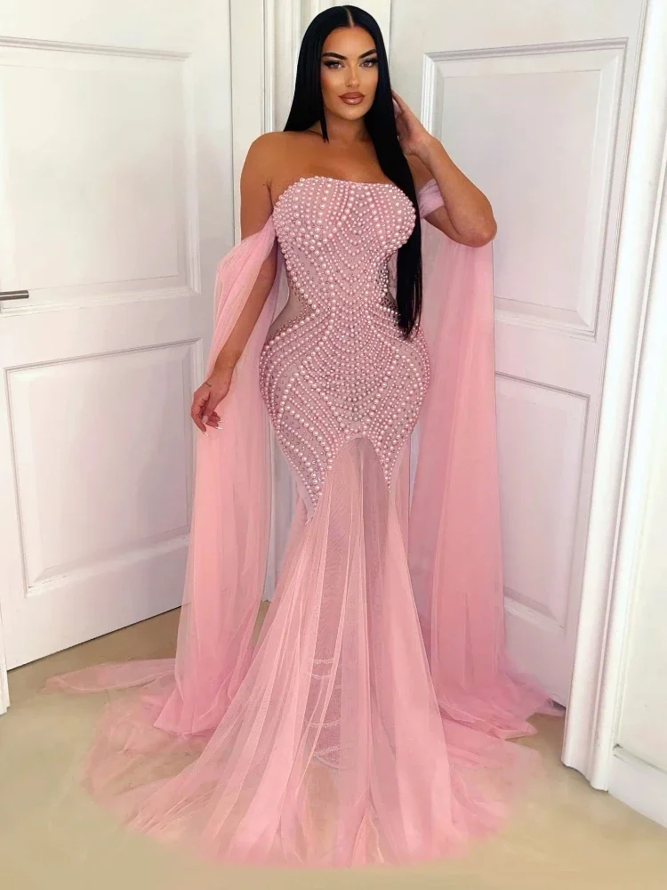 

Ueteey Women Pearl Strapless Mesh See Through Long Dresses Backless 2024 Summer Street Maxi Party Evening Mermaid Dress Vestido