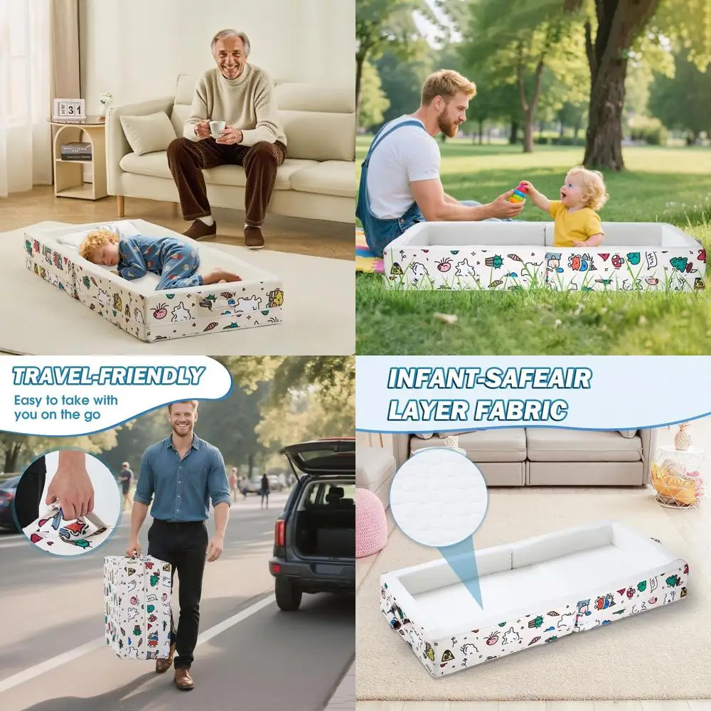 

Portable Toddler Air Layer Travel Bed with Safety Rails, Washable Cover, Compact Design for Home, Travel, and Daycare, Cream