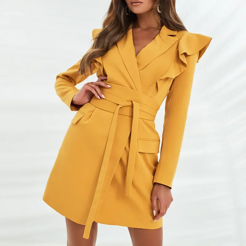 

Female Ruffles Bandage Short Dress Solid Colors Chic Yellow Long Sleeve Elegant Blazer Dresses Bodycon Winter Autumn Party Robe