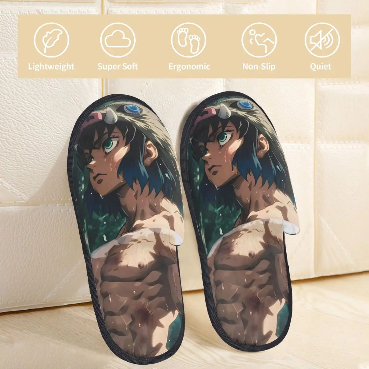 Home Cotton Slippers Inosuke Hashibira Merch Household Fur Slides Slippers Bedroom Anime Demon Slayer Soft Non-skid Slides