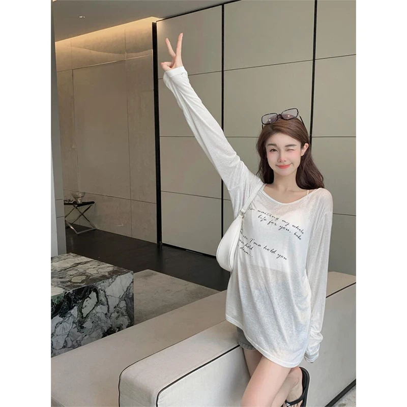 MEXZT Y2K Print Sun Proof Blouses Women Oversized Mesh Off Shoulder Sunscreen Shirts Streetwear Korean Sun Protection Tops New