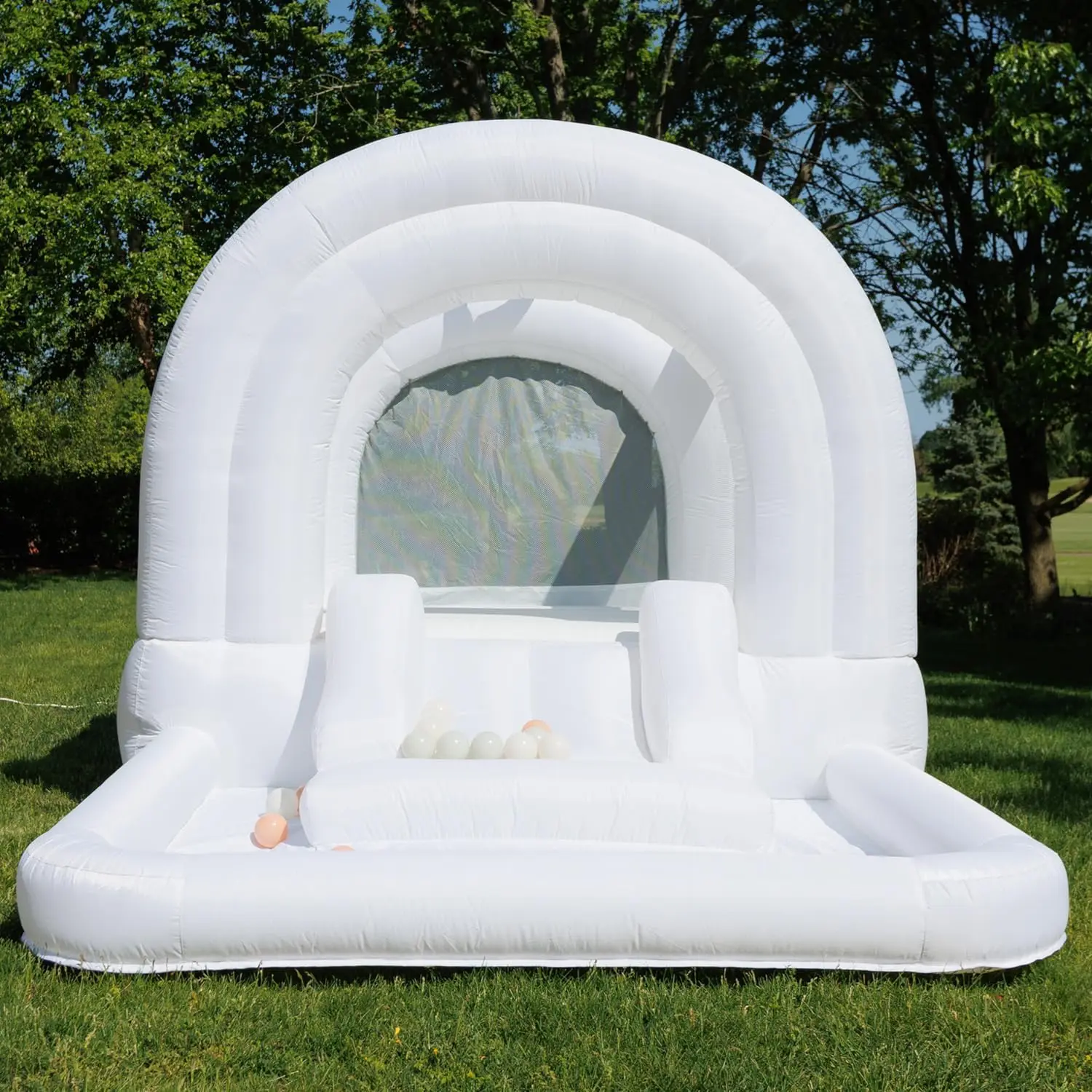 White Bounce House with Slide,Blower Included, Bouncy House with Basketball Hoop, Pastel Plastic Balls, Trendy Bouncer for Kids