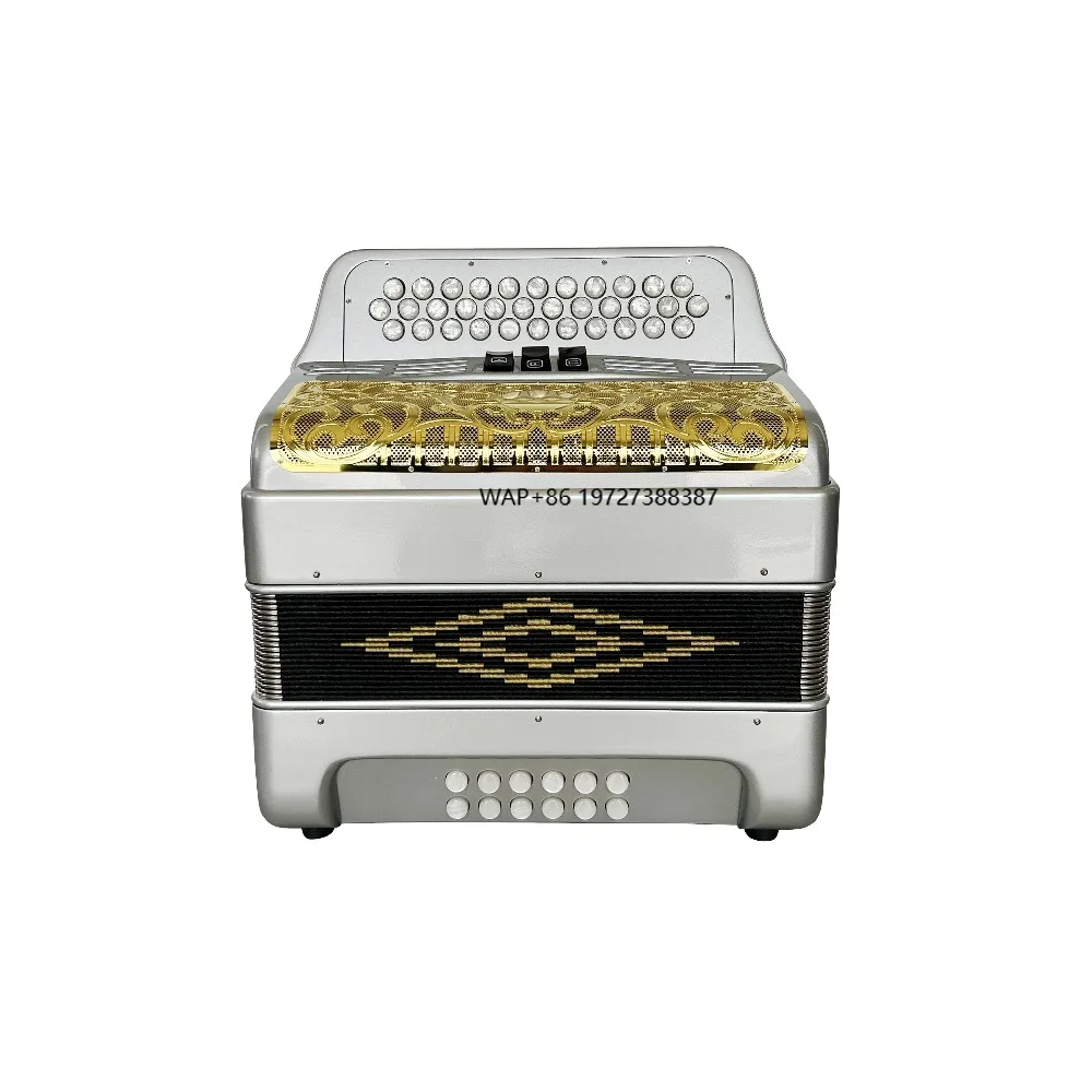 

Professional Diatonic Accordion 34-Button 12-Bass 3-Register Silver Gold Grill White Buttons JB3412C Musical Instrument