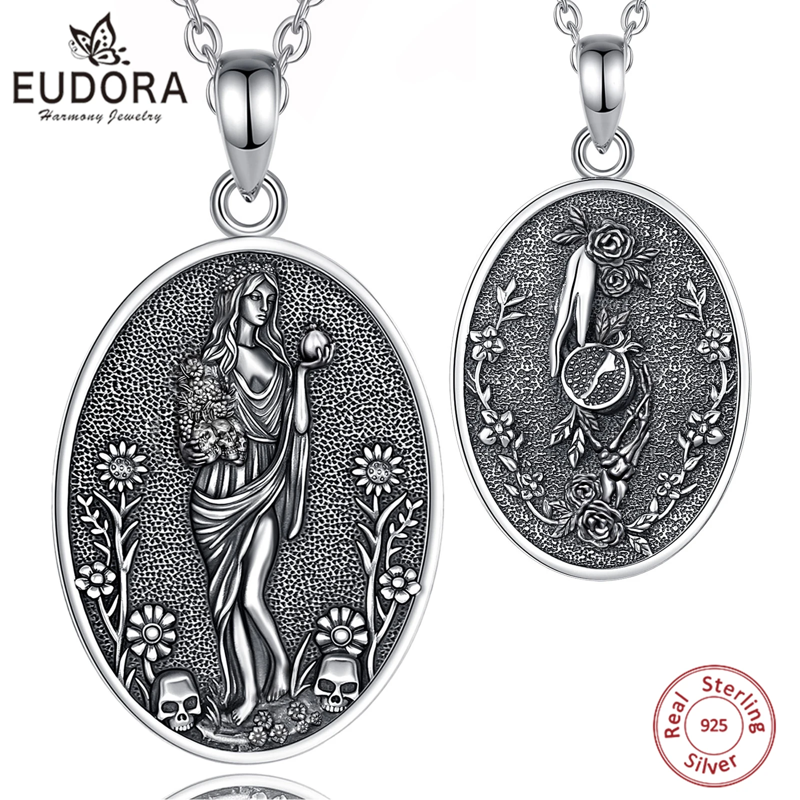 

Eudora 925 Sterling Silver Persephone Goddess Necklace Pomegranate Skull Pendant Greek Mythology Wicca Pagan Jewelry for Women