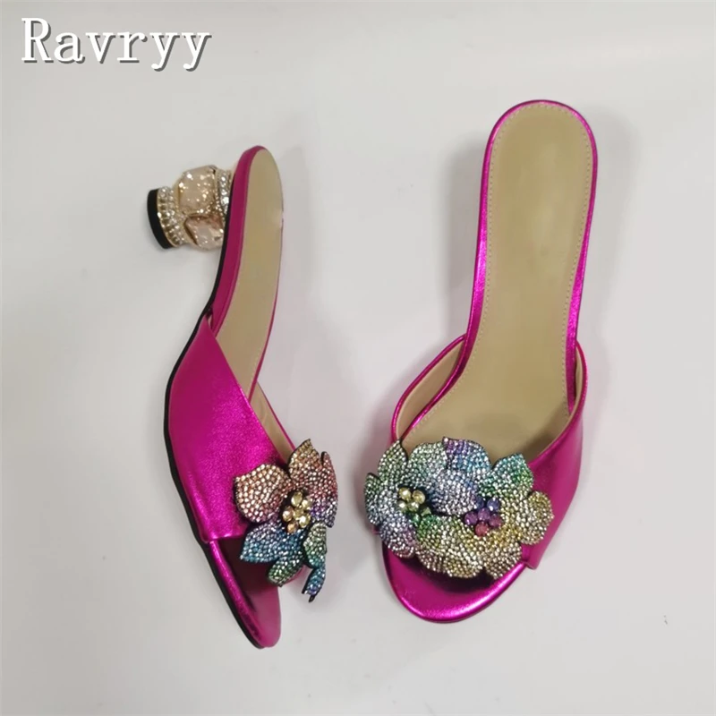 

Handmade Rainbow Rhinestone Floral Decor Mules Women Luxury Design Peep Toe Crystal Block Heel Slides Sandal for Party Dress