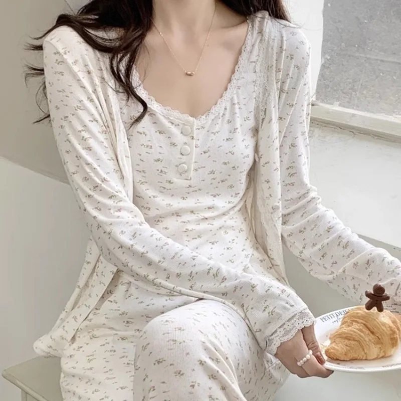 

Three-Piece Pajama Set for Women Floral Lace Sweet Cardigan Camisole Homewear Long Sleeves Long Pants Fancy Underwear Ladies