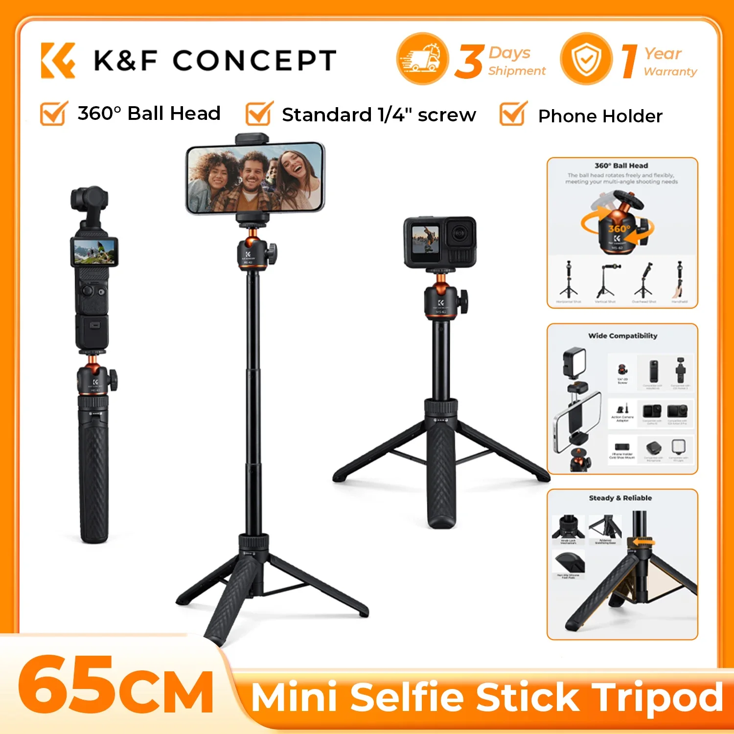 K&F CONCEPT Mini Selfie Stick Tripod Stand 5 Levels 360° Ball Head 25.6'' Pocket Tripod for DJI Osmo Pocket 3 Action 5 Pro GoPro