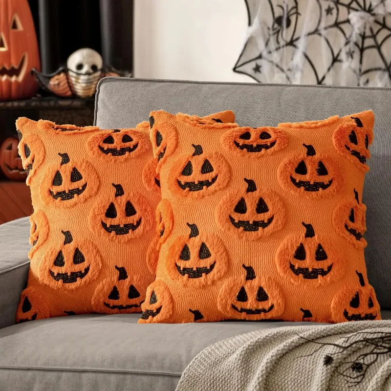 Sarung Bantal Halloween Musim Gugur 18x18, Sarung Bantal Dekoratif Motif Labu, Bantal Lembut Berbahan Bulu Imitasi untuk Sofa Rumah