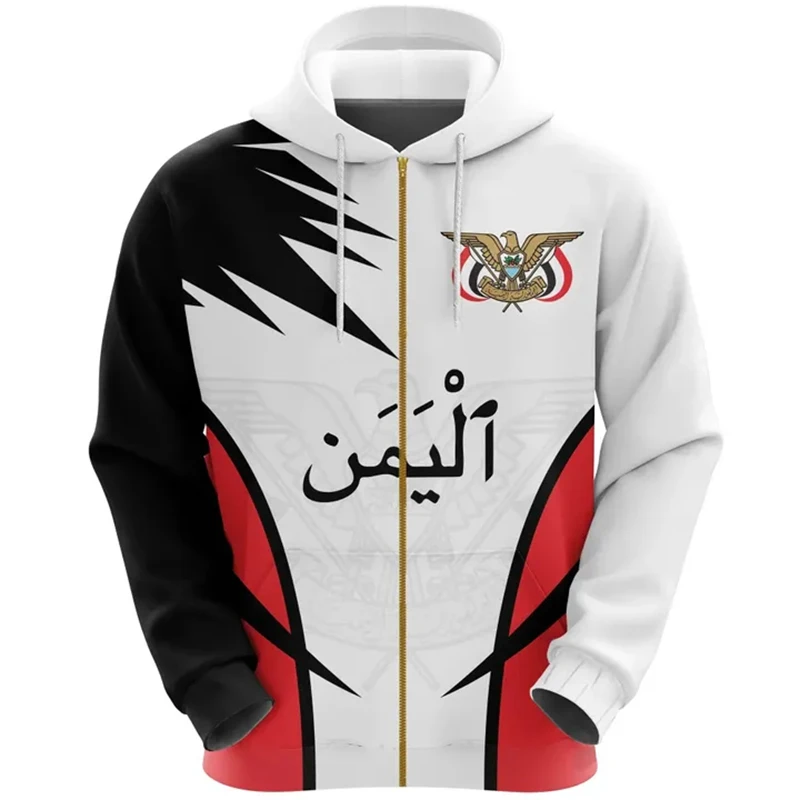 Vintage Men's Hoodie Yemen Flag Pattern Print Sweatshirt Street Fashion Long Sleeve Oversized YE Emblem Y2k Clothing Zip Hoodies