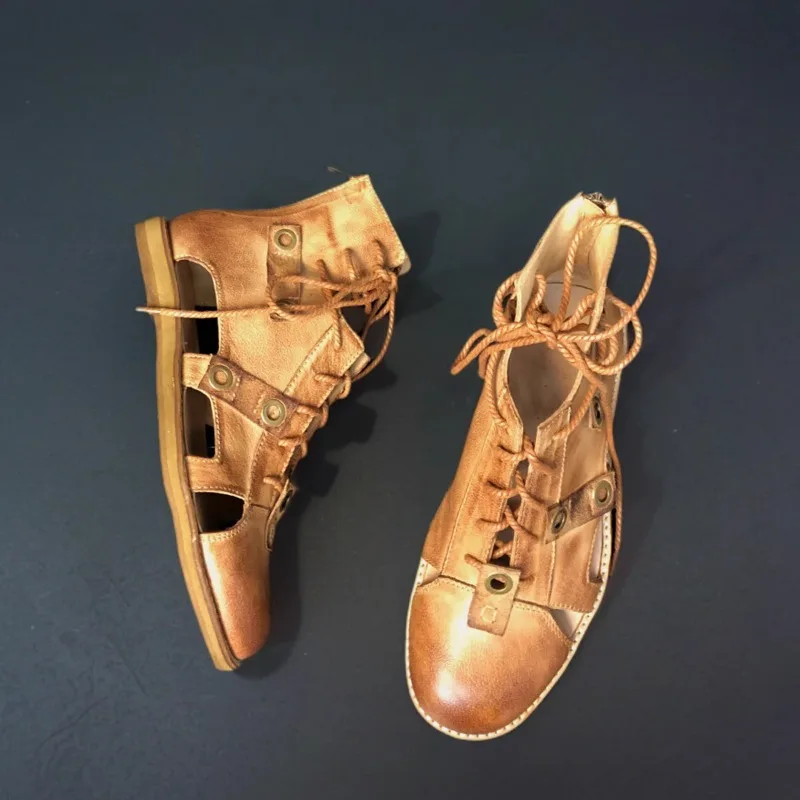 

Сандалии-гладиаторы из воловьей кожи растительного дубления ручной работы, мужские уличные пляжные туфли в стиле ретро с круглым носком, летние дышащие ботильоны