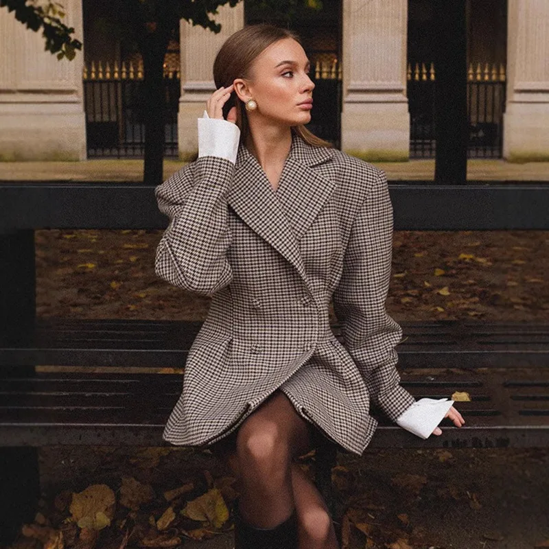 

Fashion Elegant Plaid Waist Up Suit Jacket Women's Autumn Clothing Grey V Collar Workplace Simplicity Temperament Commuting Top