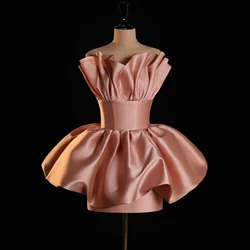 Stunning Pink Silk Taffeta Short Cocktail Party Dresses Bubble Skirt Ruffled Satin Mini Length Women Formal Dress Event Gowns
