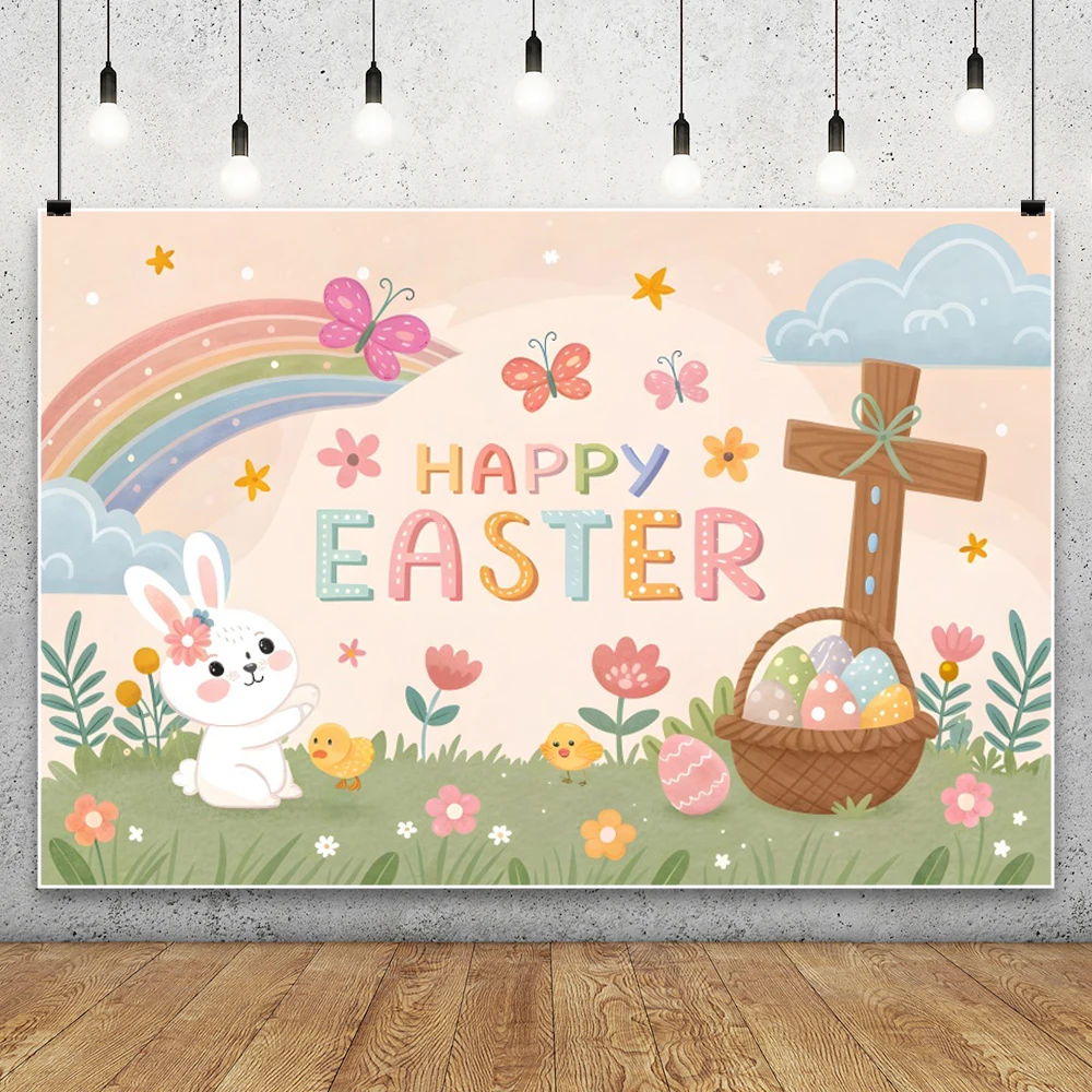 행복한 부활절 사진 배경 부활절 토끼 무지개 예수 십자가 종교적 배경 봄 파티 장식 배너