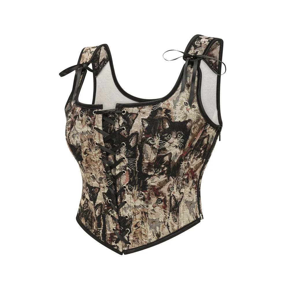 Brown Cat Print Overbust Lace Up Corset Vest Women Vintage Clothes Gothic Bustier Top Steampunk Korsett shapewear Waist Trainer