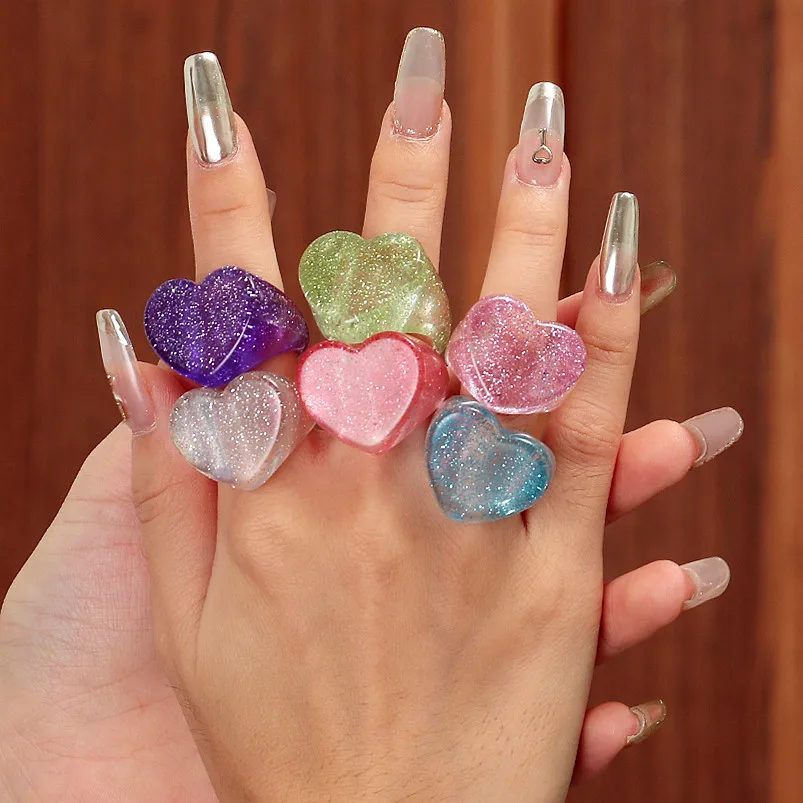 Nuevos Anillos de Dedo Acrílicos con Forma de Corazón para Mujer, Anillos de Resina Coloridos y Brillantes, Regalos de Joyería para el Día de San Valentín
