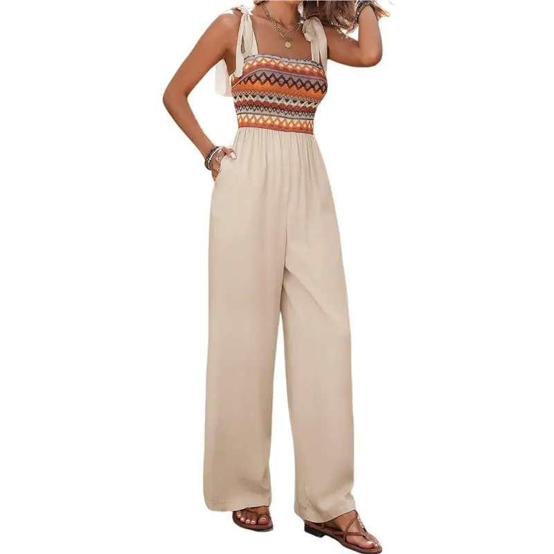 

【Festival】Womens Holiday Ethnic Style Tie Strap Spliced Jumpsuit For Bohemian Vacation Wear