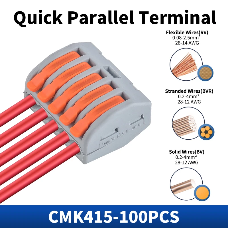 JINH 100Pcs CMK415 Push in Splicing Type Universal Compact Quick Terminal Block 28-11AWG Wiring Conductors Home Appliances