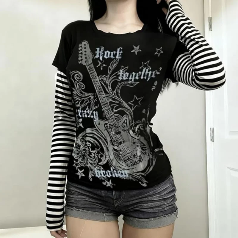 American Subculture Punk Print T-shirt Harajuku Striped Patchwork Tshirts Retro Y2K Gothic Tee Hip-hop Hottie Fake Two-piece Top