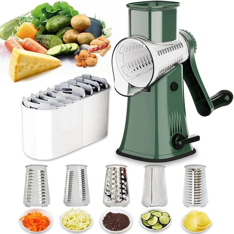 Rotary Cheese Grater Shredder Multifunction 5 in 1 Kitchen Manual Speed Round Mandolin Food Slicer Vegetable Shooter YY117