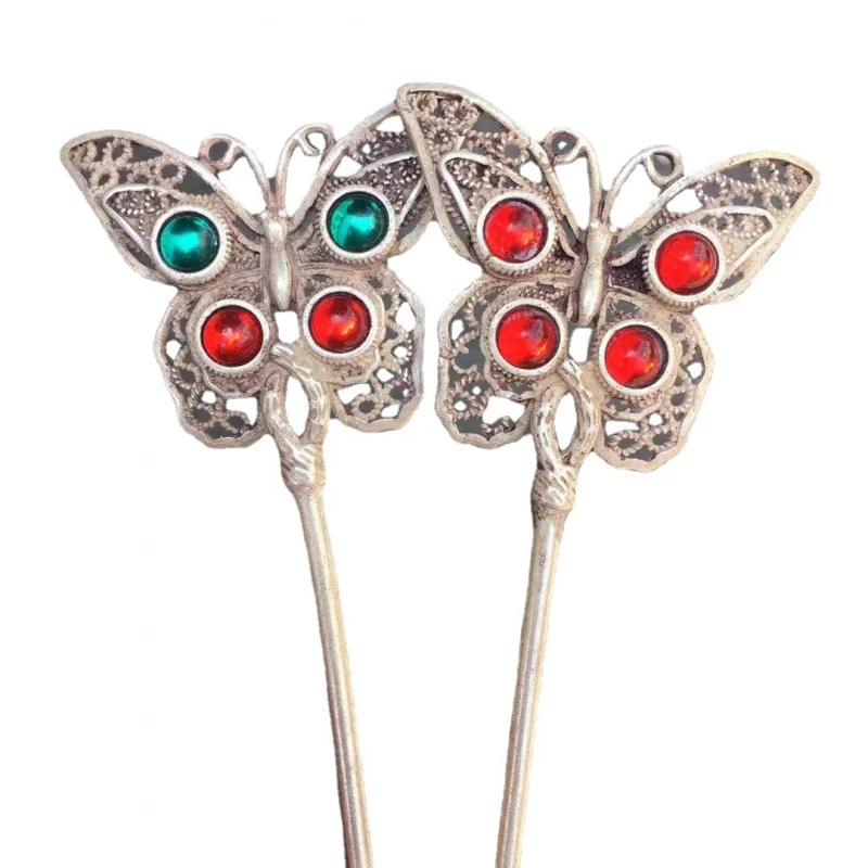 متوفر في المخزون دبوس شعر على الطراز التبتي مرصع بالأحجار الكريمة الحمراء والأخضر على شكل فراشة دبوس شعر على الطراز التبتي الفضي العرقي دبوس شعر على شكل ثروة Penda