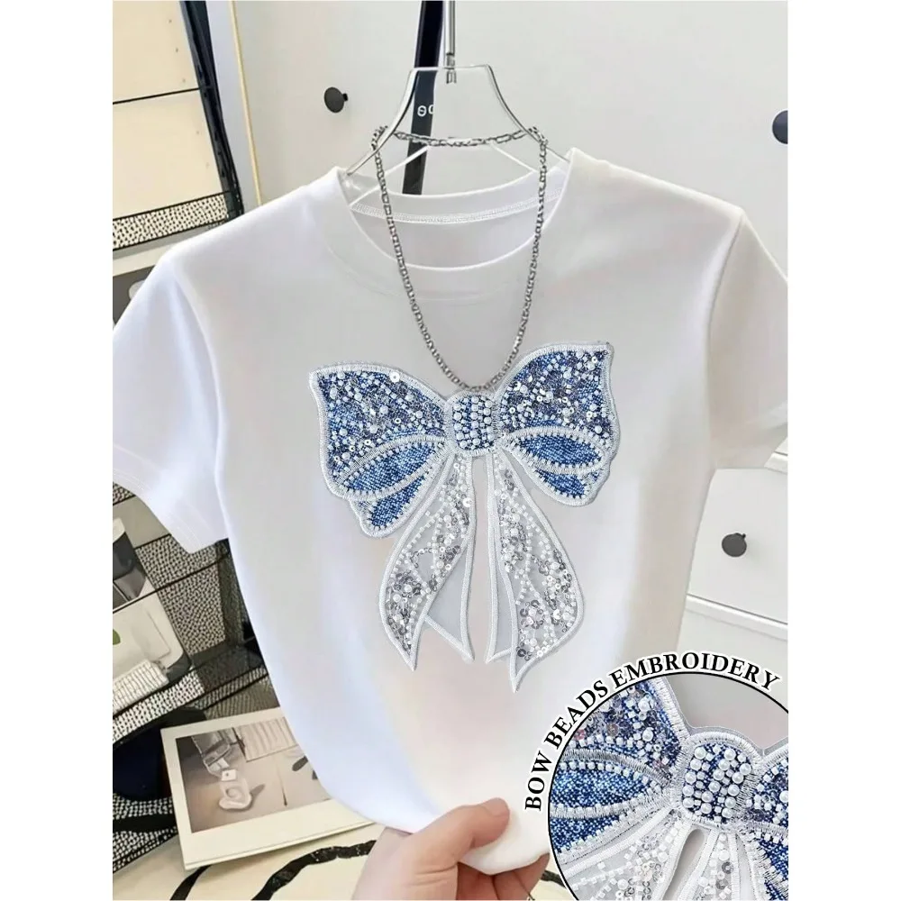 2026 Women'S Fashion Spring Summer New Women Clothing Niche Design Sense Sweet Age Reducing Sweet Sequin Pearl Bow Relaxed Chic