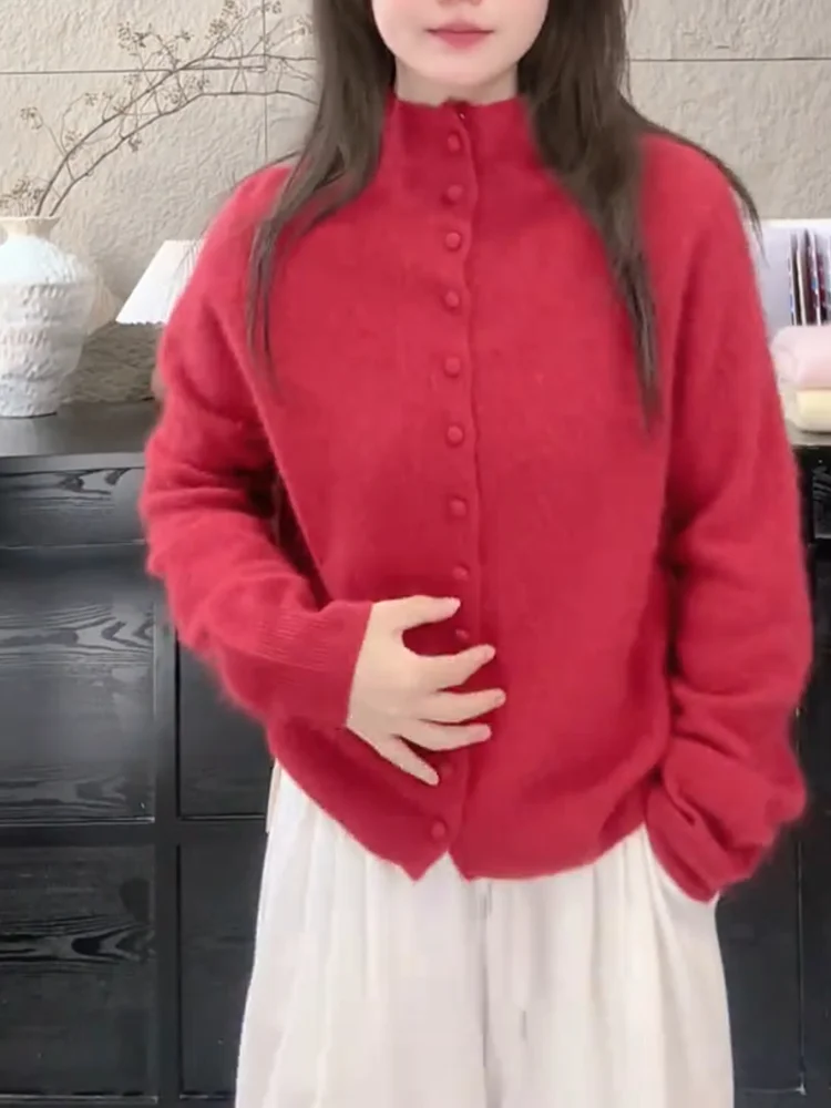 

Ele Knitted f High Collar Open Cardigan Women's plus Size Versatile Slimming Age-Defng Top for Autumn 2025