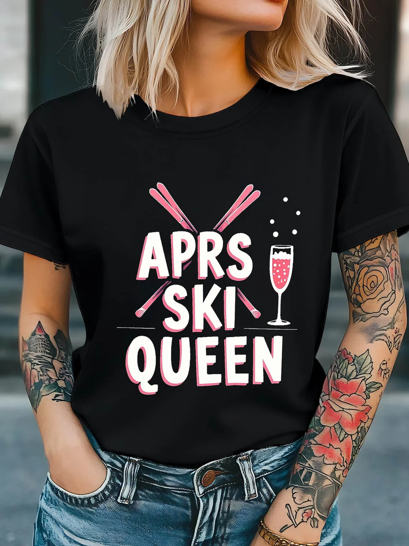 

Новая женская футболка 2026 года с коротким рукавом в стиле Харадзюку APRÈS SKI QUEEN с французским буквенным принтом, круглым вырезом, повседневный топ для лета