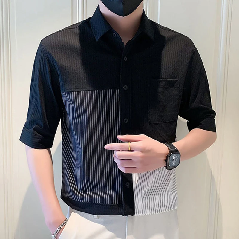 Fashion Loose Spliced Pockets Business Striped Shirts Men\'s Clothing 2024 Summer New Casual Tops All-match Asymmetrical Shirt