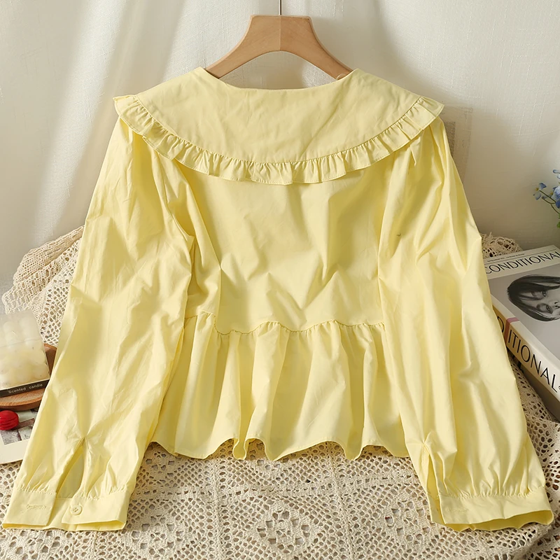 Sweet Peter Pan Collar Blouse Long Sleeve Single Breasted Lace Up Solid Color Women Shirts Spring Summer Casual Tops