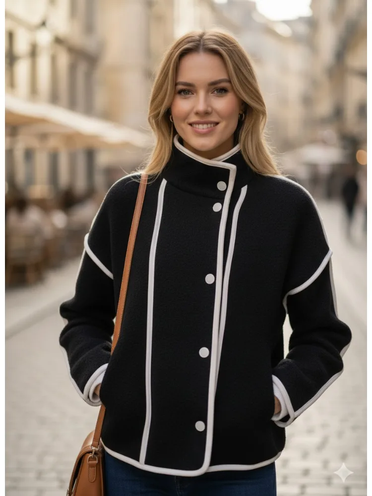 

Женское простое пальто контрастного цвета Freeacy, осень-зима 2024, модная куртка свободного покроя с высоким воротом и длинными рукавами на пуговицах, верхняя одежда