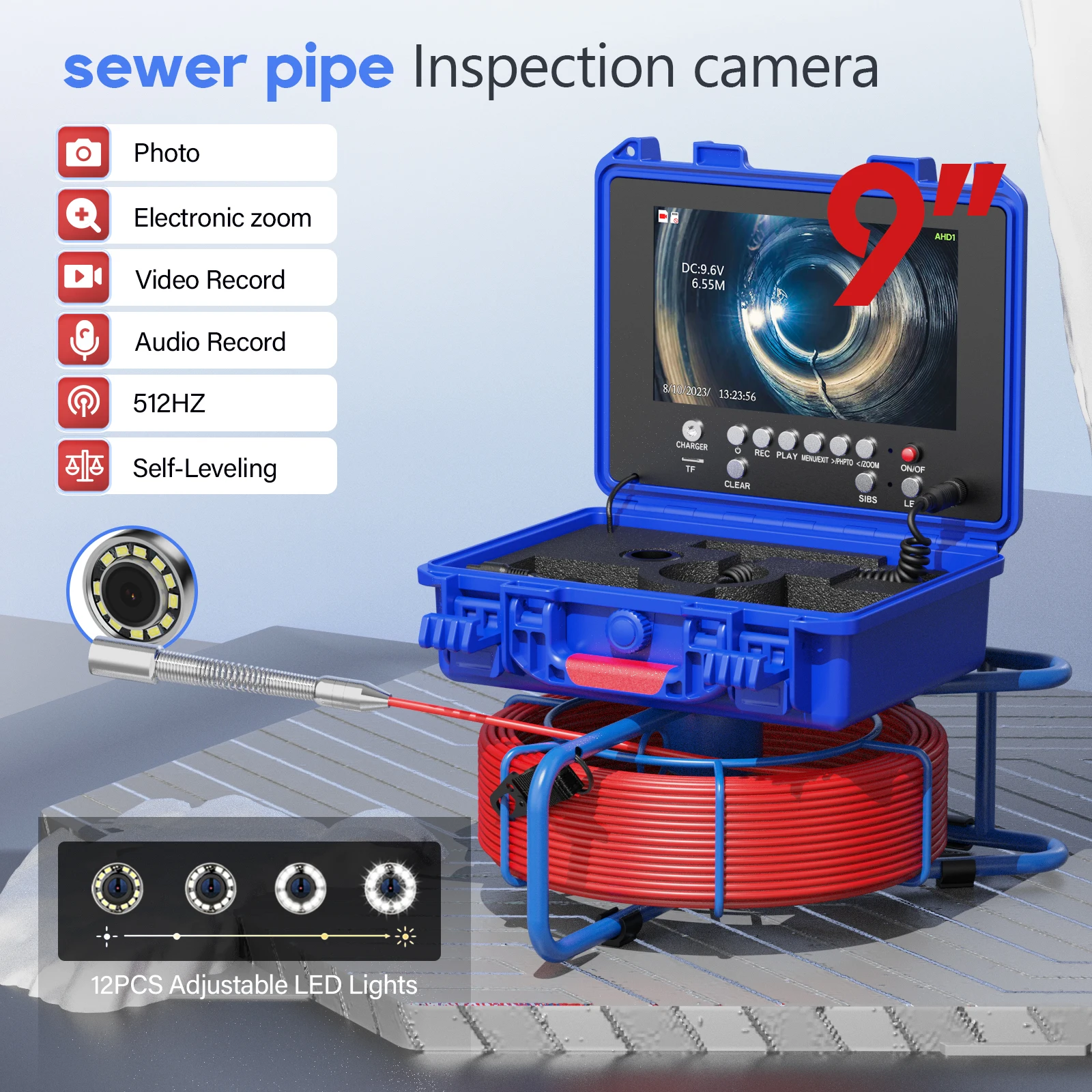 1080P AHD Sewer Camera Auto Self-Leveling, Pipe Camera 9' IPS with 512Hz Transmitter Meter Counter 20-50M Inspection Endoscope