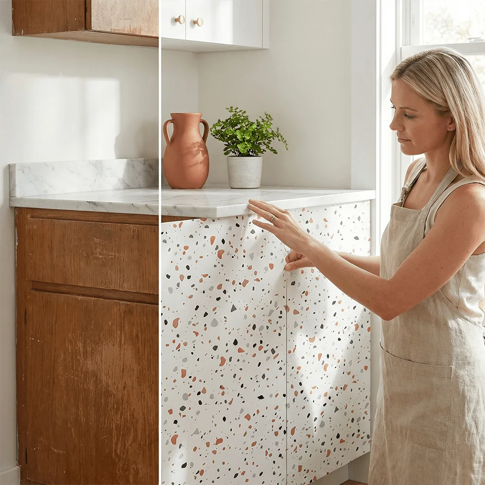 Terrazzo Pattern Self Adhesive Wallpaper Foil Material, Easy to Install Stain Resistant for Kitchen Walls Cabinets Desks