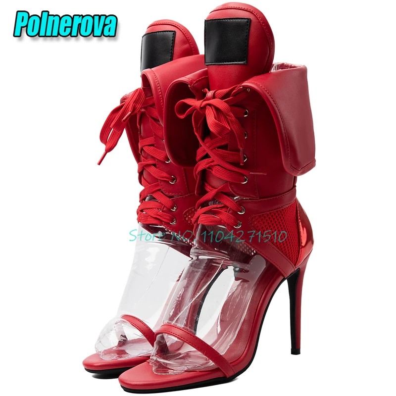 Red Brown Leather Mesh Patchwork Sandals Ankle Boots Sexy Hollow Open Toe Lace Up High Heels Summer Party Club Women's Shoes