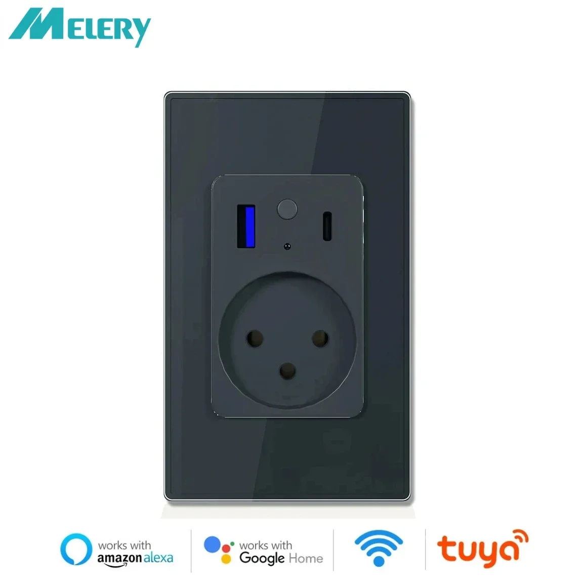 Melery Israel Power Wall Socket Tuya Wifi Smart USB 4.8A Type C PD 30W for IphonePlug Outlet Glass Panel by Alexa Google Home