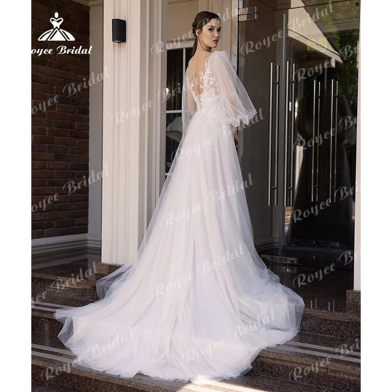 Gaun Pengantin Boho Bentuk A untuk Wanita Gaun Pengantin Wanita Model Kancing Belakang Lengan Puff Leher V Renda Appliques Jubah Sapu Tangan