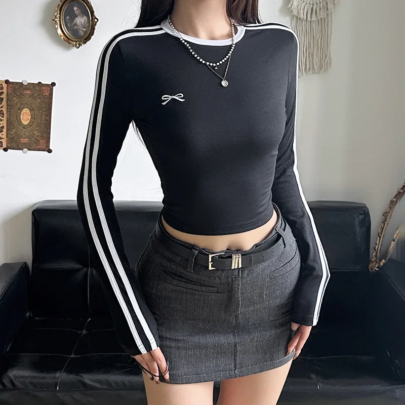 Women Summer Clothes Y2k T-shirt Cute Bow Crop Top Tshirt Casual Striped Print Long Sleeve Slim White T Shirts Streetwear Tees