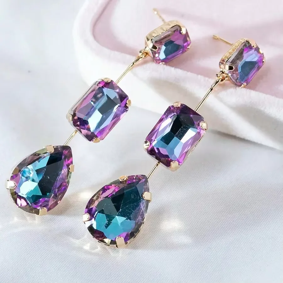 Women's Purple Gradient Crystal Long Dangle Earrings - Gold Color Teardrop & Square Statement Earrings for Party Fashion Jewelry