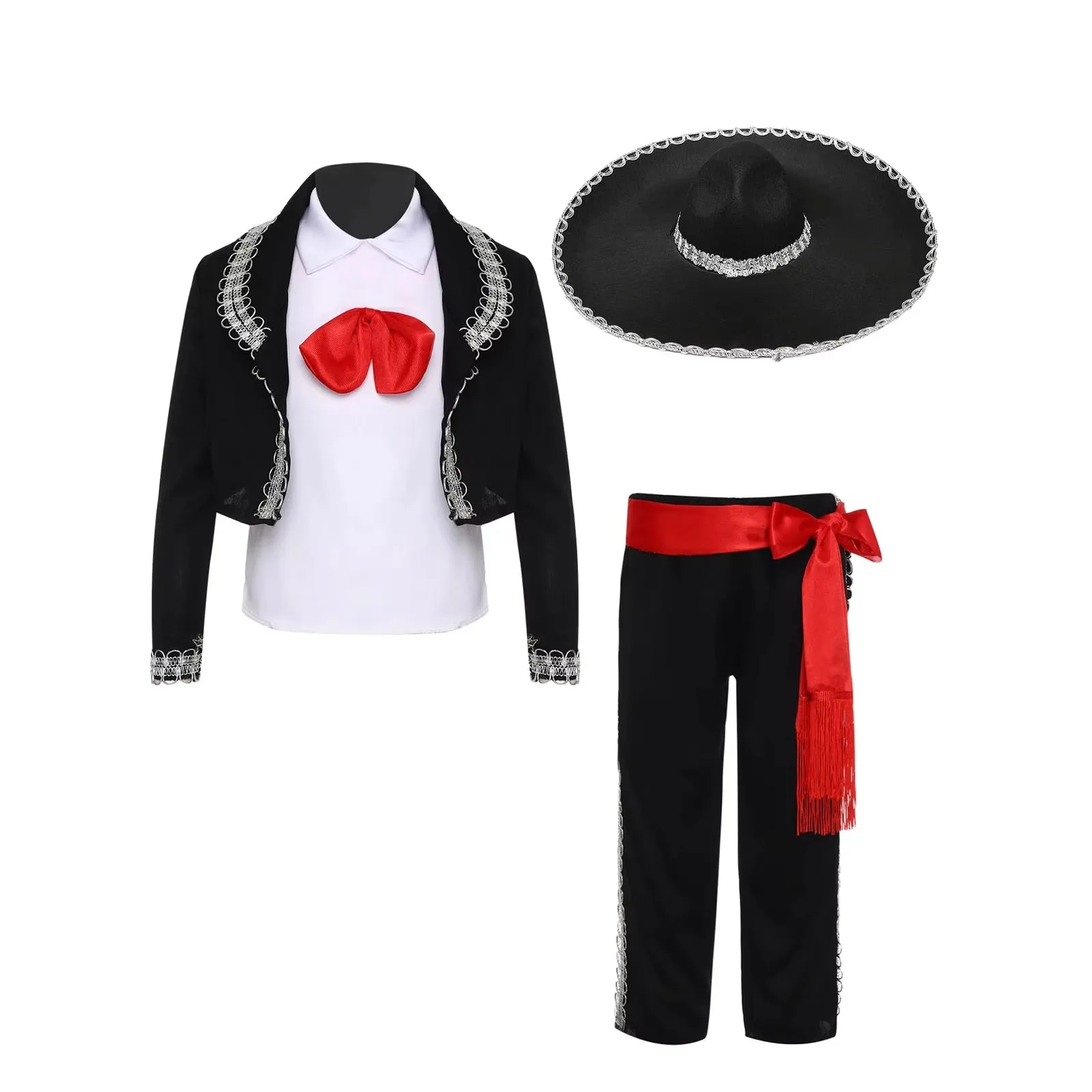 

Unisex Girls Boys Mariachi Dress Up Mexican Performance Costume Halloween Mexican Cosplay Vest Pants Jackets Waistband Hat Suits