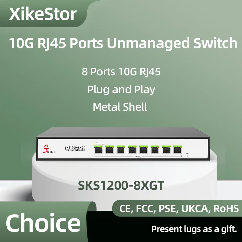 XikeStor All 10g RJ45 Switch 8 Ports Unmanaged Ethernet Switch Network Hub Plug and Play Single Fan Design