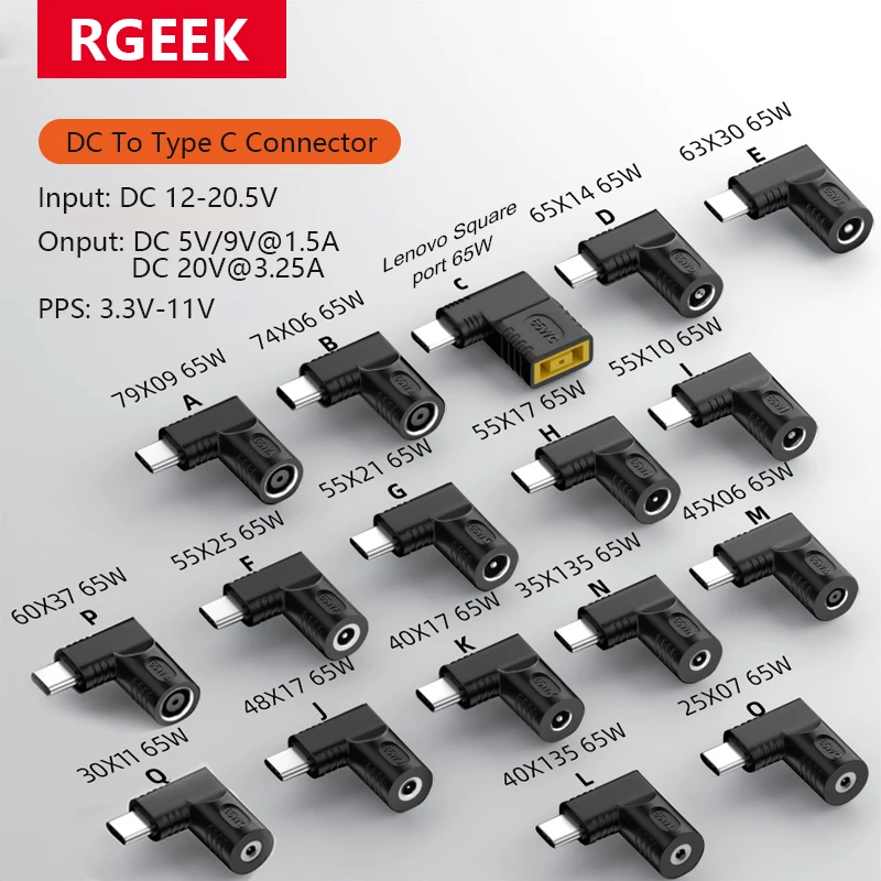 RGEEK 65W DC USB typu C żeński na DC męski Adapter do Lenovo Thinkpad USB-C Kabel do szybkiego ładowania Konwerter Kwadratowa wtyczka PD