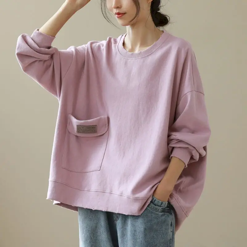 98% Cotton Pullovers Women Art Fashion Pocket Design Pullover Casual Loose Long Sleeve T Shirt Spring Autumn Trend Y2k Clothes