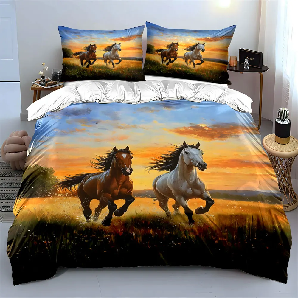 Galloping horses running in sunset meadow Print Bedding set 3PC 1 duvet cover 2 pillowcases adult and children bedding set