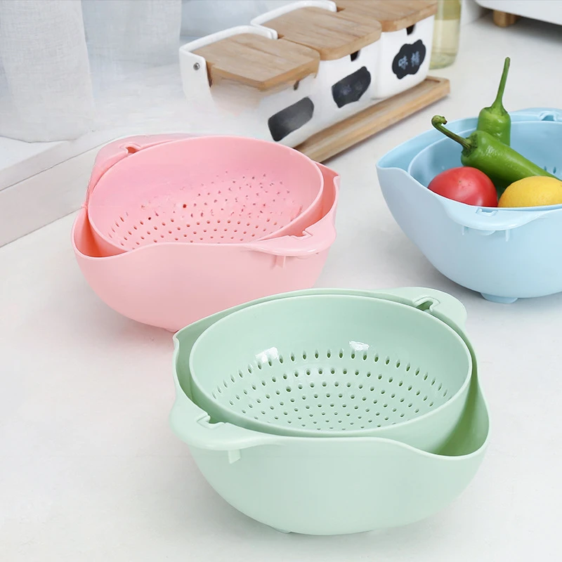 1PCS Vegetable Drain Basket Kitchen Gadgets Green Blue Pink Double Layer Sink Rotatable Drainer with Handle Kitchen Accessories