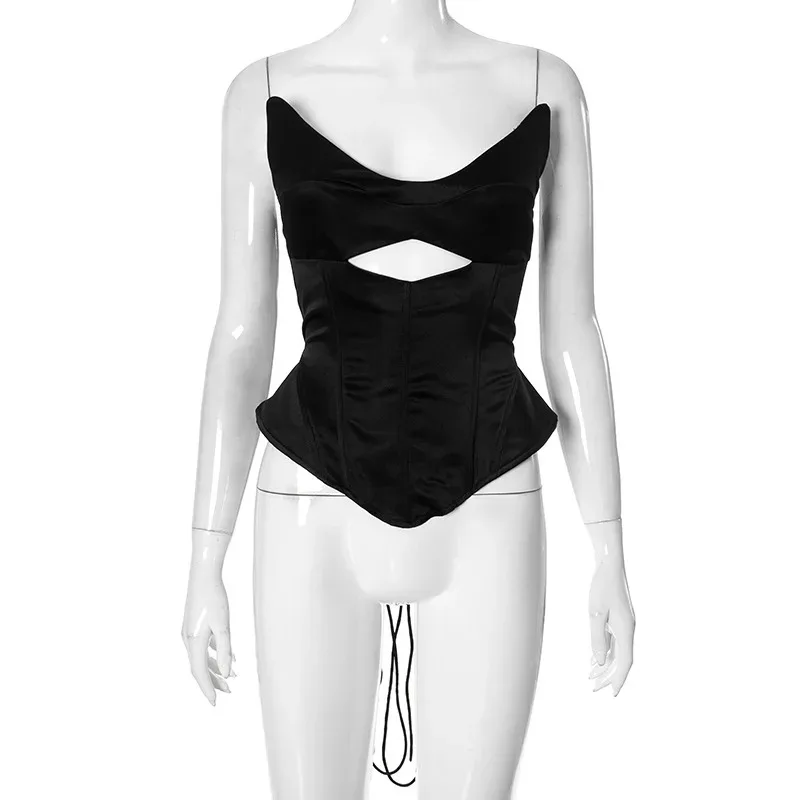 مشد كلاسيكي جديد لعام 2025 ملابس الشارع الشرير الداكن مثير مفرغ غير منتظم كاميس Y2K الجرونج بدون ظهر بأشرطة على الطراز القوطي النحيف #3