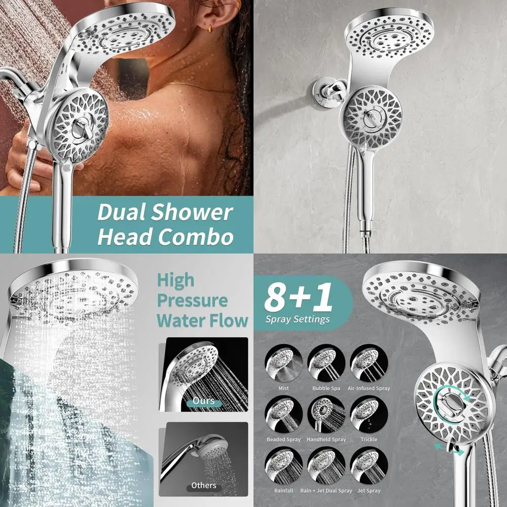 

Премиальная двойная душевая система с магнитной ручной лейкой и 8-режимной распылительной насадкой, шланг 71 дюйм (хромированная отделка)