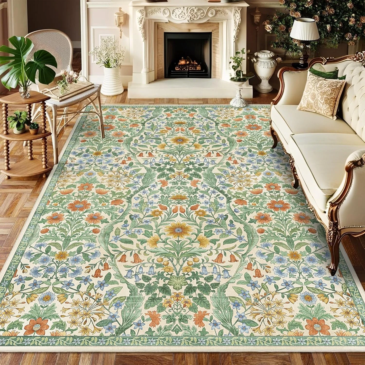 Floral Pattern Carpet, Washable Plant-Based Carpet, Suitable for Living Room, Low-Pile, Non-Slip, Stain-Resistant, Washable Green Bohemian Style Carpet, Soft, Non-Shedding, Suitable for Bedroom, Dining Room, Office, Baby Room.