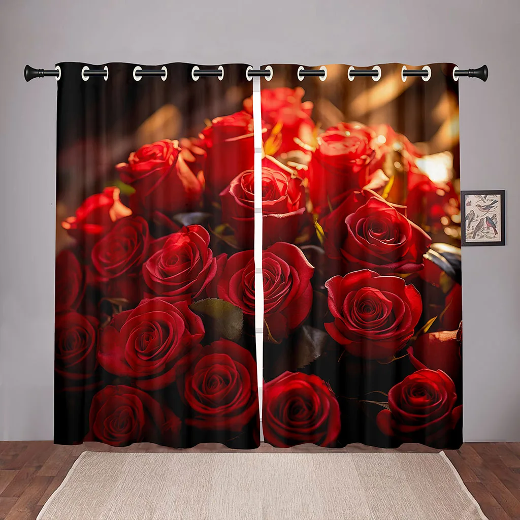 

2 Pcs Red Rose Curtains Romantic Floral Print Living Room Bedroom Decorative Curtains Valentine's Day Theme Sun Shade Drapes