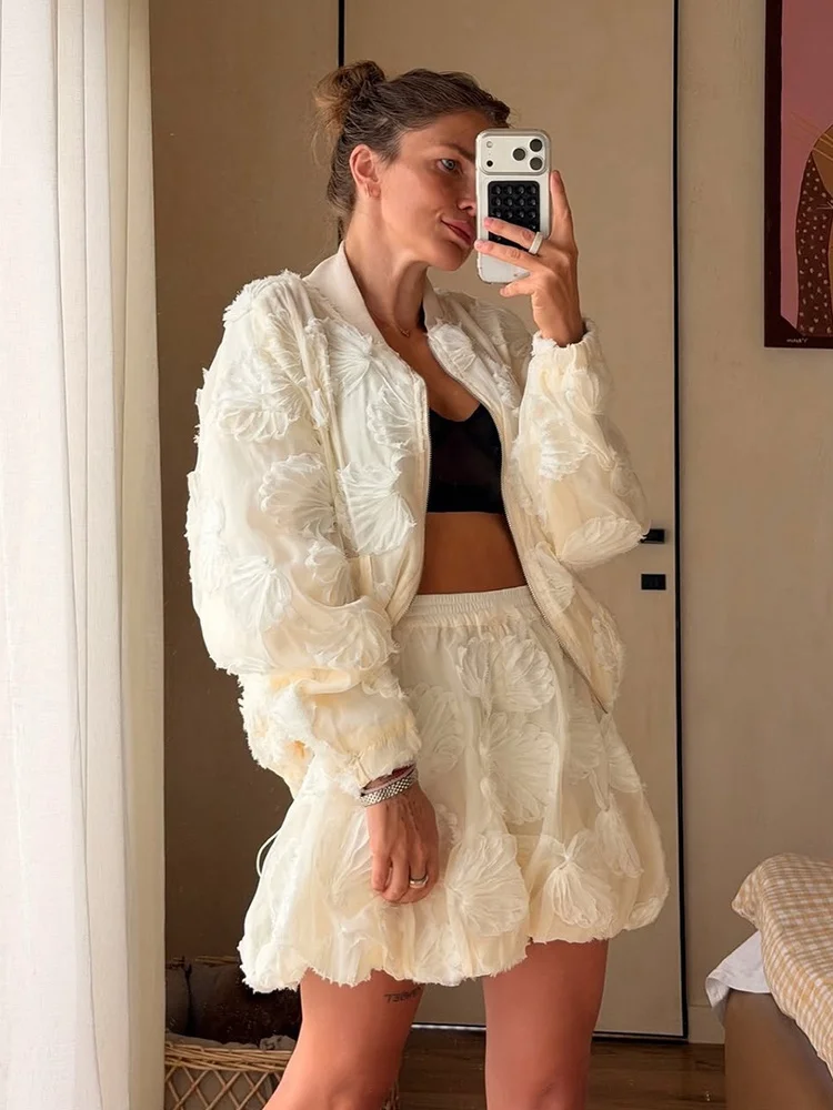 Tossy Rosette Floral Bomber Set Stand Collar Full Zip Jacket 3D Floral Texture Drawstring Hem Party Night Going Out A-Line Set