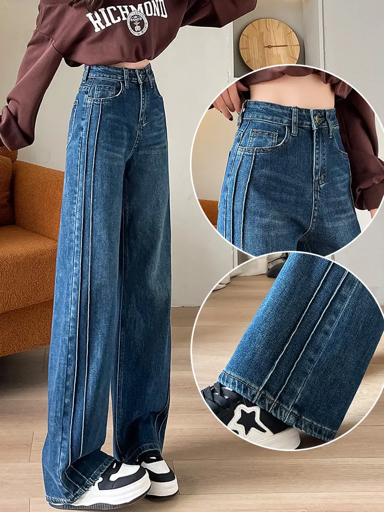 

Узкая версия прямых джинсов для женщин осенью, новые популярные универсальные эластичные свободные широкие брюки с высокой талией